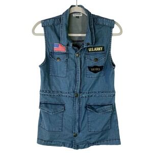 Misope Womens Denim Utility Vest Blue Military Patches Full Zip Size S